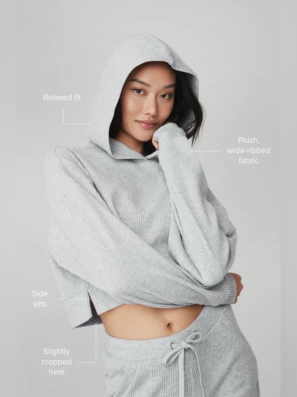 Alo Yoga Muse Ribbed Cropped Hoodie in Athletic Heather Grey Women’s Medium $118 - Picture 2 of 7